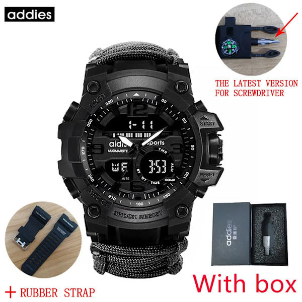 ADDIES Military Survive Outdoor LED Digital Watch Multifunktion Kompass Visslingar Vattentät Quartz Army Watch relogio masculino Black with box strap