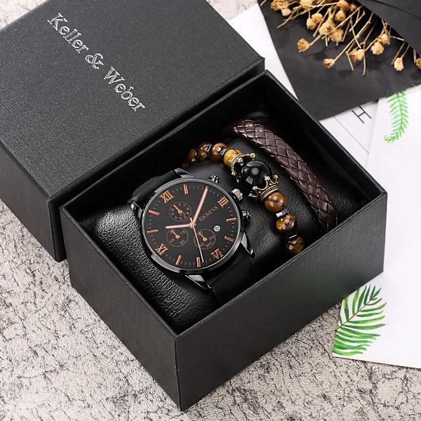 Personlighet Watch Man Svart Watch Herrset Set Läderrem Pin Spänne Brunt Armband Bästa presenterna 2022 Watch Set C