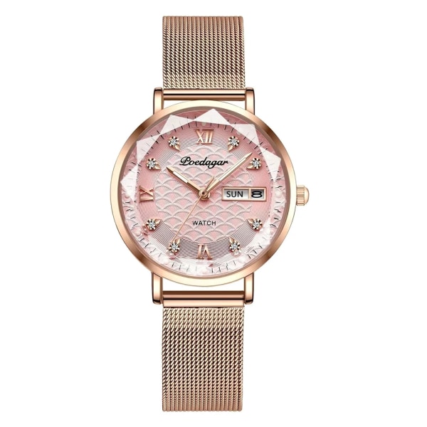POEDAGAR Watch Kvinnor Nytt Mode Lyx Armbandsur Armband i rostfritt stål Enkelt Rose Guld Vattentät Lysande Damklockor 3011 Pink Mesh