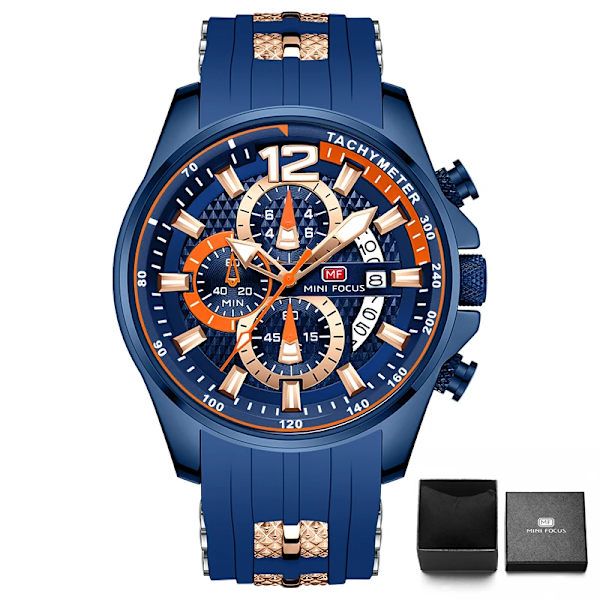 MINI FOCUS Röd watch för män Mode Lyx Chronograph Quartz Armbandsur med silikonband Lysande visare Datum Vattentät 0350 0350Blue-Box