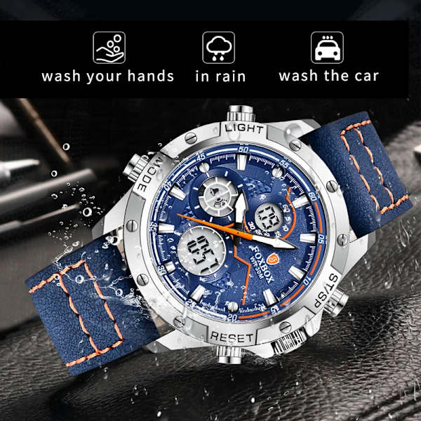 2023 Ny Dual Display Herrklockor Lyx Sport Vattentät Kvarts Elektronisk Watch För Män Mode Läder Lysande Kronograf L Black and red