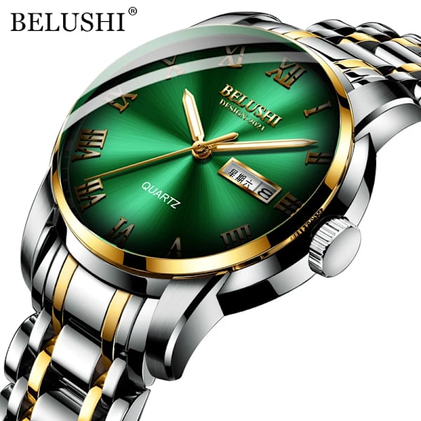 BELUSHI Herrmode Business Quartz Klockor Topp Lyx Märke Helt Stål Vattentät Analog Armbandsur Herr Kalenderklocka Silver Golden Green