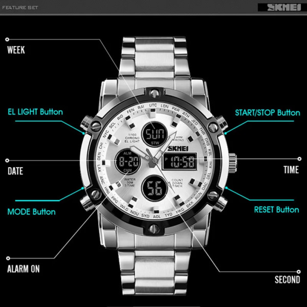 Herrklockor Dual Display LED Digital Vattentät Full Steel Quartz Watch Herrklocka Lyxmärke Relojes SKMEI 2018 Black