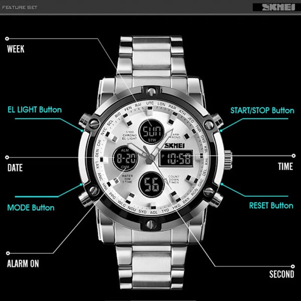 Herrklockor Dual Display LED Digital Vattentät Full Steel Quartz Watch Herrklocka Lyxmärke Relojes SKMEI 2018 Silver