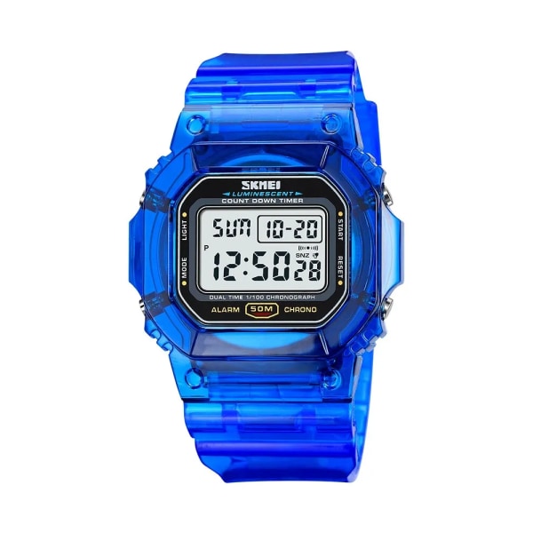 Skmei Nedräkning Bakljus Digitala klockor Dammode Transparent Pu-rem Date Damarmbandsur 5bar Vattentät Stötsäker blue