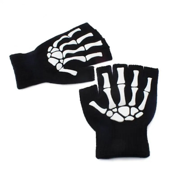 Lysande skelett fingerlösa handskar för män Kvinnor Tonåringar Skeleton Skull Cykling Vandring Vinterhandskar Gotiska stickade svarta handskar 1 pair free size