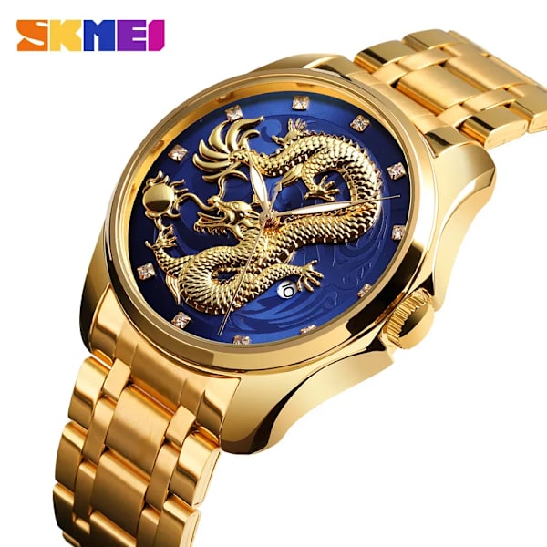 SKMEI Toppmärke Lyx Watch Golden Dragon Quartz Klockor Herr Vattentät datumvisning Armbandsur i rostfritt stål Hane gold