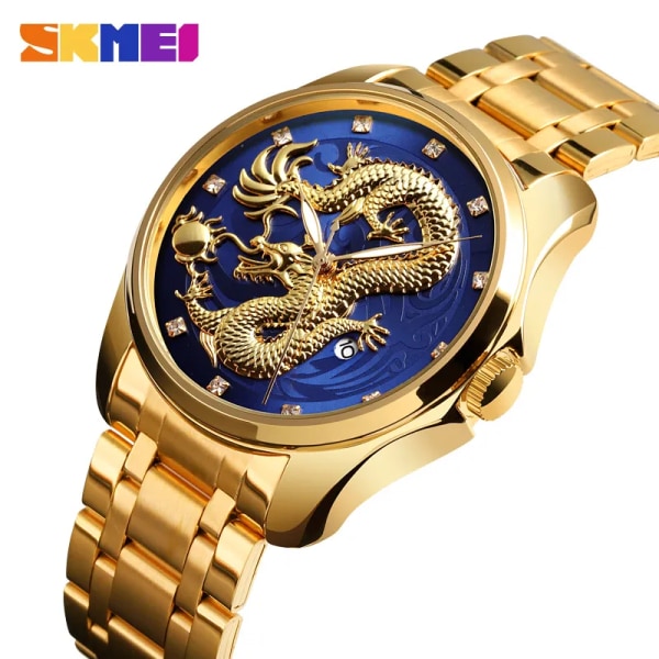 SKMEI Toppmärke Lyx Watch Golden Dragon Quartz Klockor Herr Vattentät datumvisning Armbandsur i rostfritt stål Hane gold black