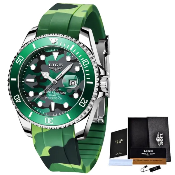 LIGE New Fashion Herrklockor Toppmärke Lyx Kamouflage Quartz Watch Man Sport Röd Watch för män Reloj Hombre Green
