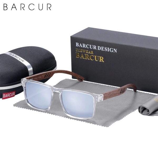 BARCUR Solglasögon för män Märkesdesigner Naturligt valnötsträ Solglasögon Dam Polariserade glasögon UV400 Eyewear Oculos Clear Silver EVA BARCUR