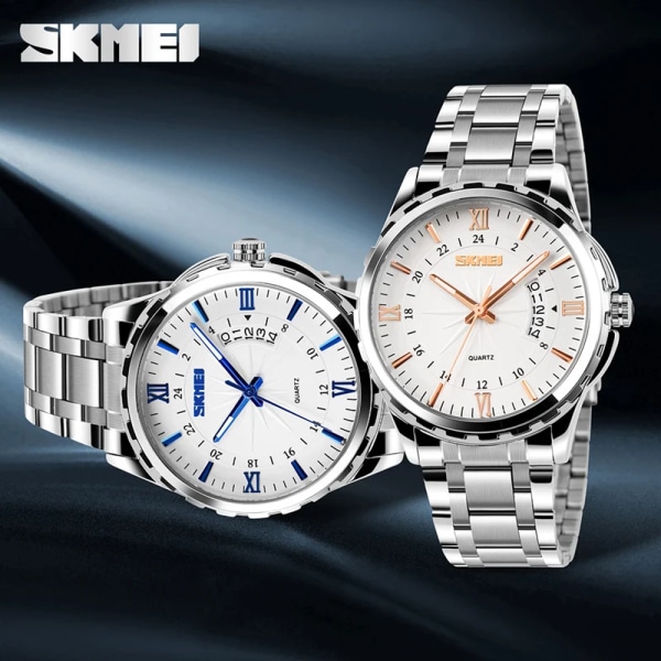 SKMEI New Fashion Casual Watch Herr Full Steel Auto Date Vattentät kalender Quartz Armbandsur Relogio Masculino Gold Blue