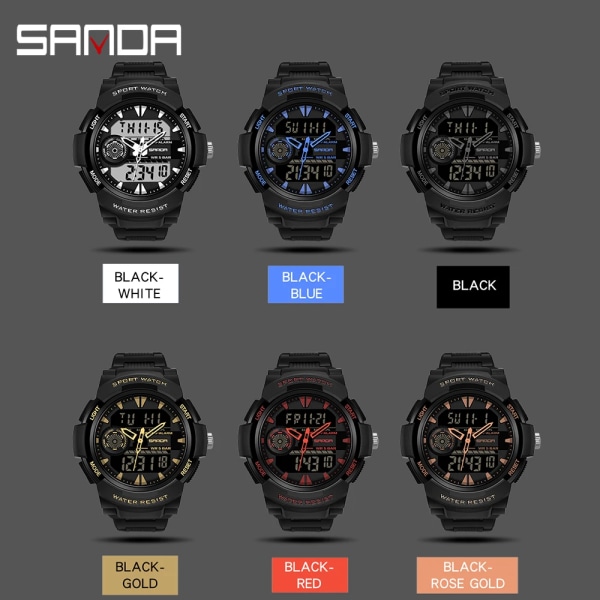 SANDA Sportklockor för män Multifunktionell Chronograph Vattentät armbandsur LED Digital Military Quartz Clock Relogio Masculino Gold