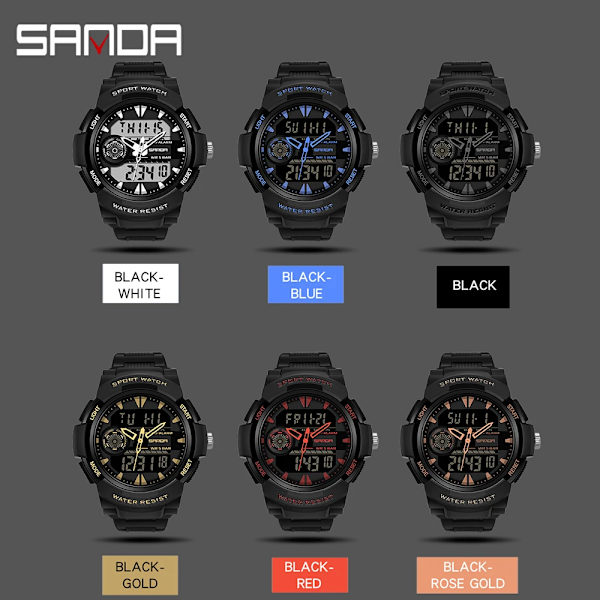 SANDA Sportklockor för män Multifunktionell Chronograph Vattentät armbandsur LED Digital Military Quartz Clock Relogio Masculino Red