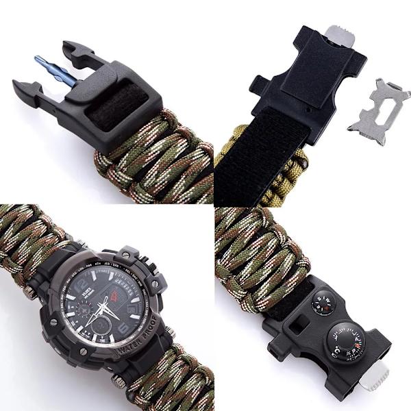 Utomhus Survival Watch Multifunktionell Vattentät Militär Taktisk Paracord Watch Armband Camping Vandring Nödutrustning EDC khaki with box