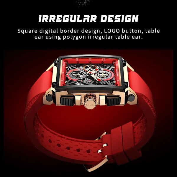 2023 nya LIGE Herrklockor Toppmärke Lyx Hollow Square Watch För män Mode Silikonrem Vattentät Quartz Armbandsur Gold red