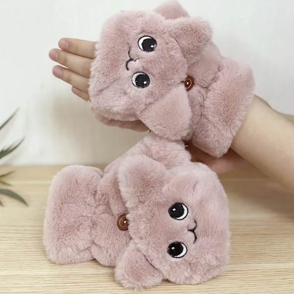 Kvinnor Vinterplysch Kattvantar Fingerlösa handskar Plysch Varmhandske Vinter Mjuka Tjocka Handskar för Kvinnor Tjej Flexibel Halvfinger Pink Rabbit Gloves One Size
