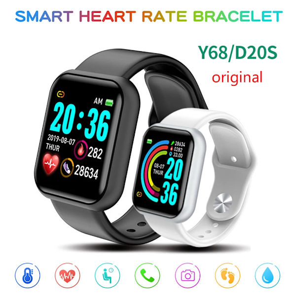 D20 Y68 Smart Watch Bluetooth Svara samtal Sport Fitness Tracker Custom Dial Smartwatch Män Kvinnor betygsätt blodtryck PK D13 D18 D20S black