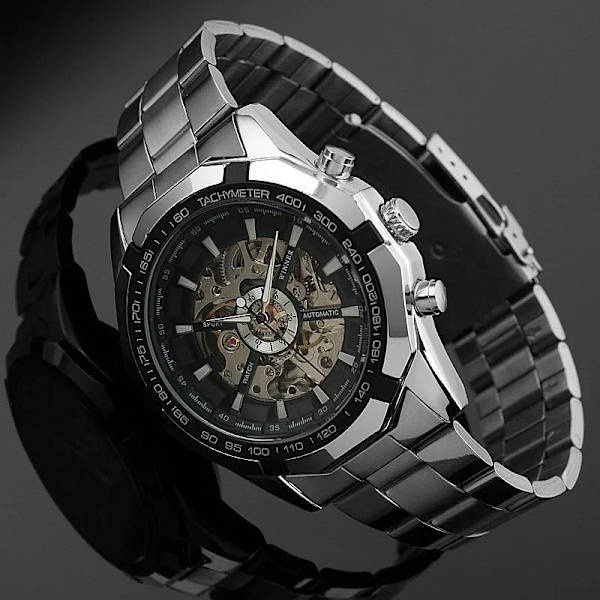 Het vinnare Lyxmärke Lyx Sport Män Automatisk Skelett Mekanisk Watch Män fullt stål rostfritt band Lyx black gold