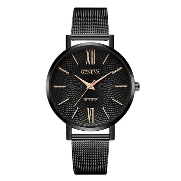 2021 New Geneva Watch Dam Svarta Klockor Rostfritt stål Mesh Band Quartz Armbandsur Casual Damklockor Billigt pris JA