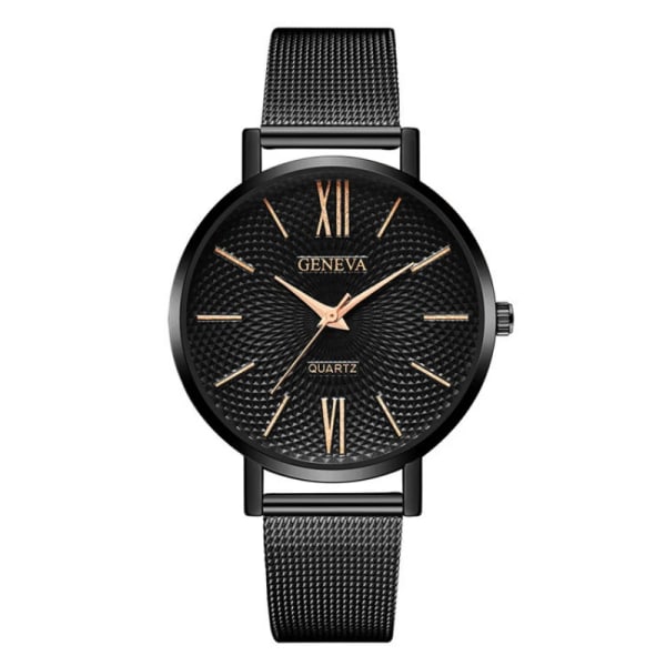 2021 New Geneva Watch Dam Svarta Klockor Rostfritt stål Mesh Band Quartz Armbandsur Casual Damklockor Billigt pris MA