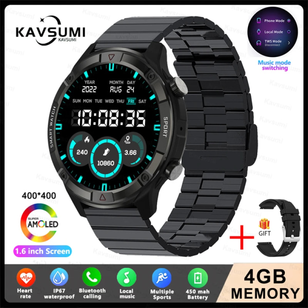 Ny 4G Memory Smart Watch AMOLED 454*454 HD Visa alltid tiden Bluetooth Ring Smartwatch For Herr Huawei TWS hörlurar Dark grey Steel B 4GB Memory