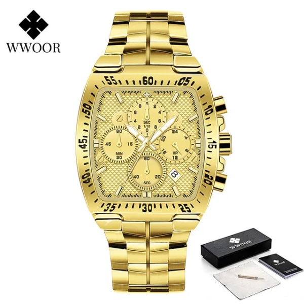 WWOOR Herr Kronograf Sportklockor För Herr Mode Fyrkantiga Toppmärke Lyx Rostfritt Stål Vattentät Watch Reloj Hombre Gold Gold box