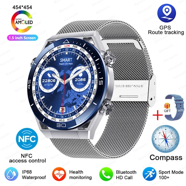 NFC AMOLED Smart Watch Herr Custom Dial Svara Ring Sport GPS Track Kompass IP68 Vattentät Smartwatch För Huawei Ultimate Blue Mesh Belt