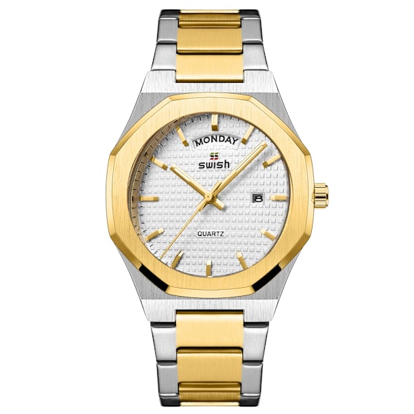 Ny åttkantig design Quartz Armbandsur Herr Klänning i gyllene rostfritt stål Watch Datum/vecka Funktioner Lyx dykarklocka Man Silver White