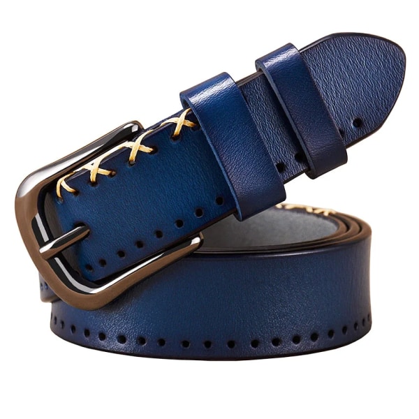 Äkta läderbälten för kvinnor Modedesigner syr ihop kvinnabälte Kvalitetsnålsspänne koskinnsrem kvinnlig bredd 2,8 cm Dark blue 110cm