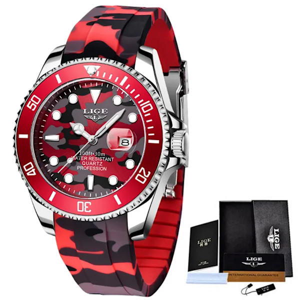 LIGE New Fashion Herrklockor Toppmärke Lyx Kamouflage Quartz Watch Man Sport Röd Watch för män Reloj Hombre Red