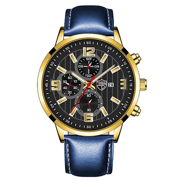 Herrmode Sportklockor för män Business rostfritt stål Quartz Armbandsur Kalender Man Casual Läder Luminous Clock Watch Leather Blue Gold