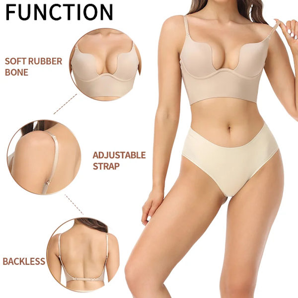 Kvinnor Sexig Djup U-hals BH Shaper Rygglös Push Up Bröstunderkläder MISS MOLY BH:ar Low Cut Plunge Bröllopsunderkläder Fajas Korsetter Nude M