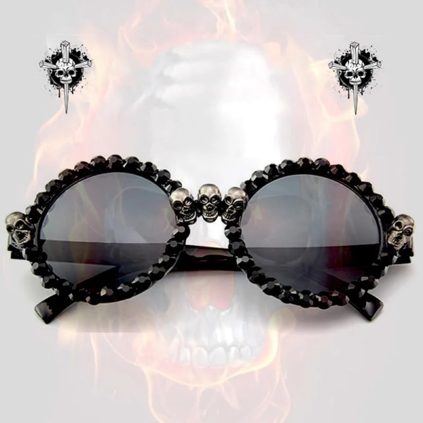 Gothic Skull Solglasögon Halloween Christmas Cat Eye Crystal Punk Solglasögon lyx designer vintage gafas de sol mujer Round Black