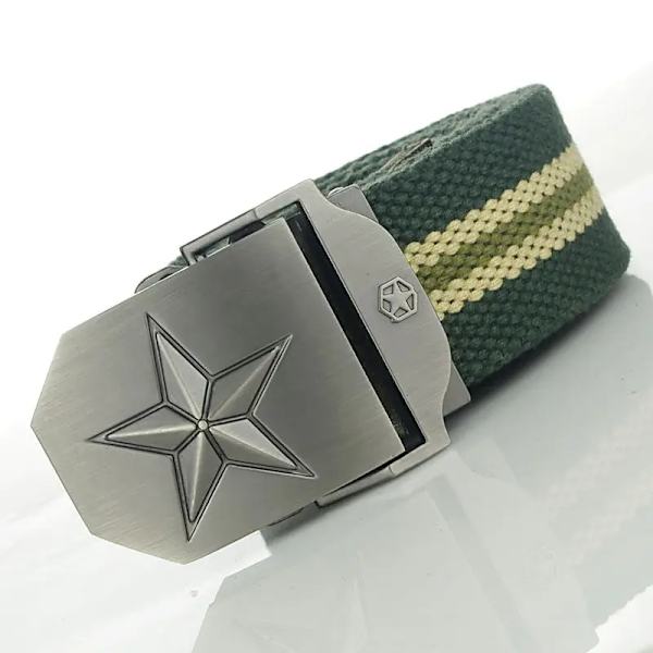 BOKADIAO Herr & Kvinnor Militär Canvas bälte lyxigt 3D-stjärna Metallspänne jeansbälte Army taktiska bälten för män midjeband hane Green stripe 100cm