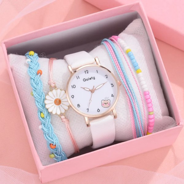 Nytt 5 st Damklocka Watch Set Läder Söt Björn Flickor Armbandsur Mode Dam Quartz Klocka reloj mujer Studentpresent A white