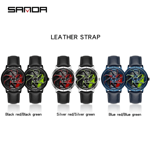 Mode Hot Sell Bilfälg Herr Klockor Rostfritt stål Vattentät watch 360 graders roterande hjul Fälgskiva Quartz Armbandsur Mesh blue green box
