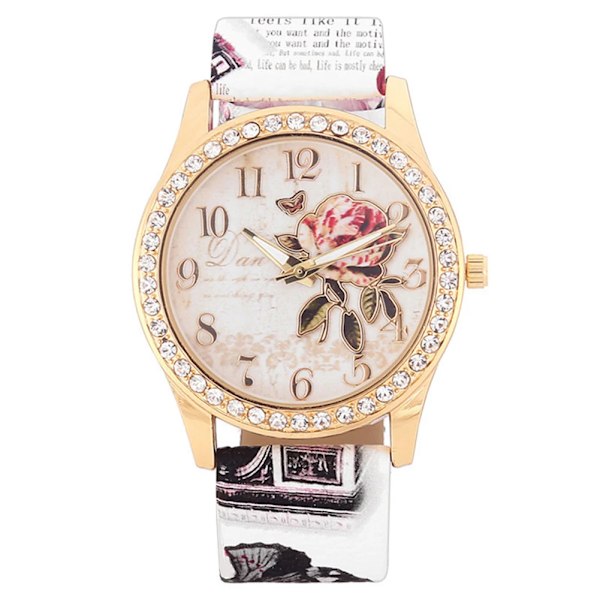 HET FÖRSÄLJNING!!! Kvinnor Rhinestone Inlagd Blomma Rund Urtavla Faux Läder Band Kvarts Watch Mode Kvarts Watch Kvinnor I