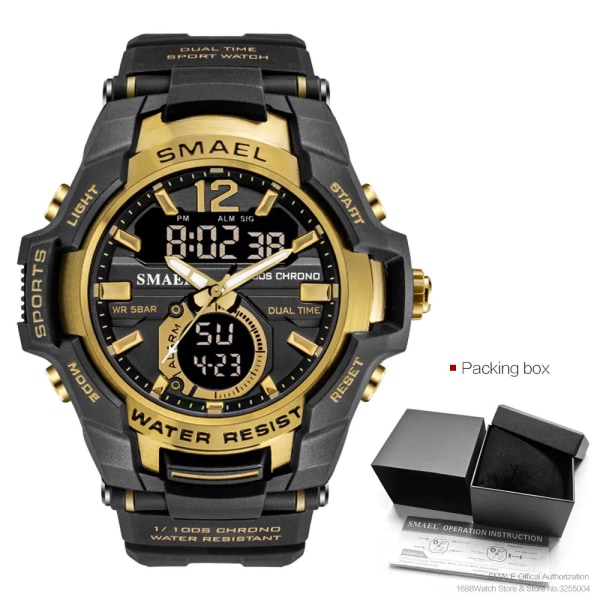 SMAEL Dual Time Army Watch för män Lysande Vattentät Quart Digital Armbandsur Väckarklocka LED Bakgrundsbelysning Kalender 1805 Black gold-Box