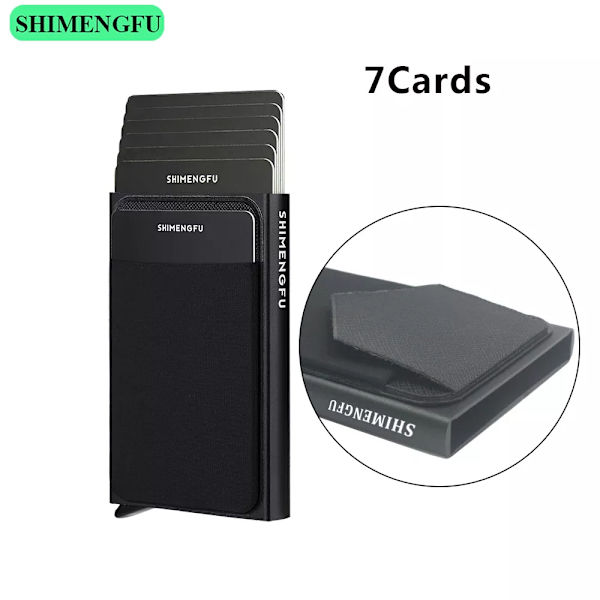 Pop Up RFID ID-korthållare Man Plånbok Minipaket Aluminium Metall Skyddsutrustning Förvaringsväska Smart Quick Release Damväska 7 Cards Black