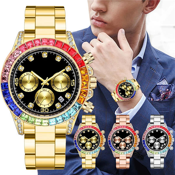 Lyxiga strass män Business klockor Mode rostfritt stål kvarts armbandsur med datum kalender Relogio Masculino silver