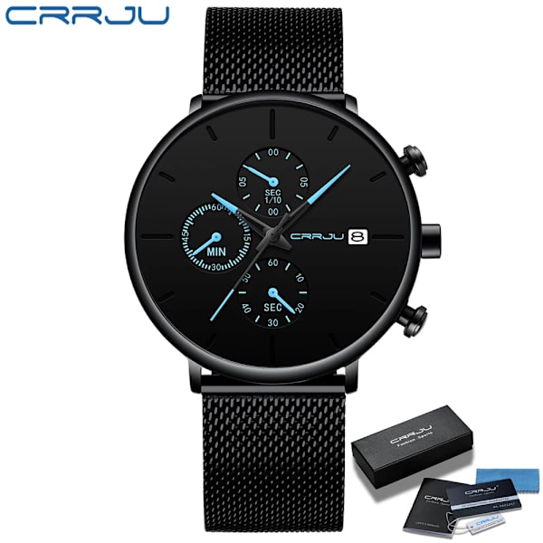 CRRJU Herrklockor Lyx Watch Unik design i rostfritt stål Auto Date Mesh Armband Män Mode Casual Quartz Klockor 2268-blue BOX