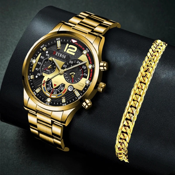 Relogio Lyx Herrklockor Guld Rostfritt Stål Kvarts Watch För Män Business Luminous Läder Armbandsklocka As Shown 8