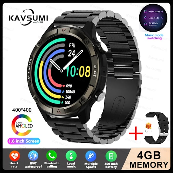 Ny 4G Memory Smart Watch AMOLED 454*454 HD Visa alltid tiden Bluetooth Ring Smartwatch For Herr Huawei TWS hörlurar Dark grey Steel 4GB Memory