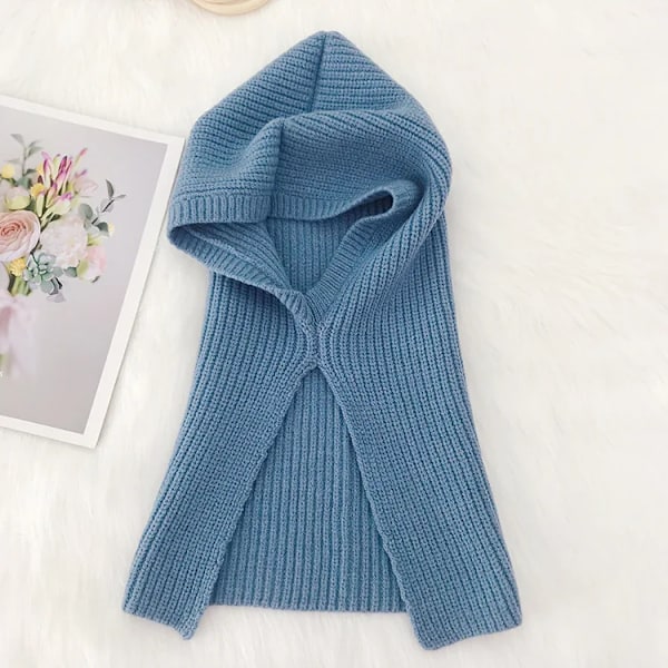 Nya Mode Vinter Kvinnors Hattar Beanie Hatt Stickad Huva Halskrage Justerbar Elastisk Keps Flickors Hattar Gorros Mujer Invierno Blue 54-60cm