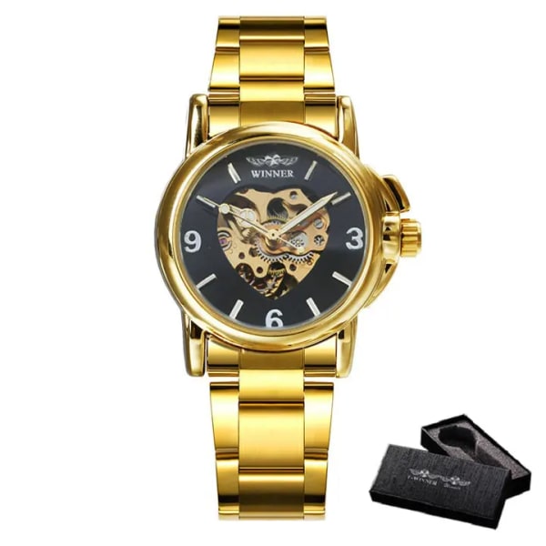 VINNARE Klockor Watch 2020 Automatisk Mekanisk Golden Heart Skeletturtavla Rostfritt stålband Elegant Watch BO GOLDEN BLACK