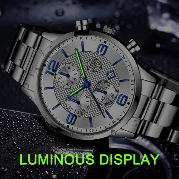 reloj hombre Luxury Business Herrklockor Rostfritt stål Quartz Armbandsur Herr Läderkalender Lysande klocka relogio masculino Steel Black Blue