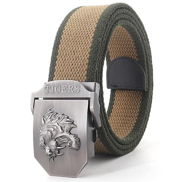 Ny canvas utomhus taktiskt armébälte 3D tigerhuvud Emblem metallspänne unisex jeansbälte för män Militärbälte Man sportrem Khaki Army Green Edg 130cm