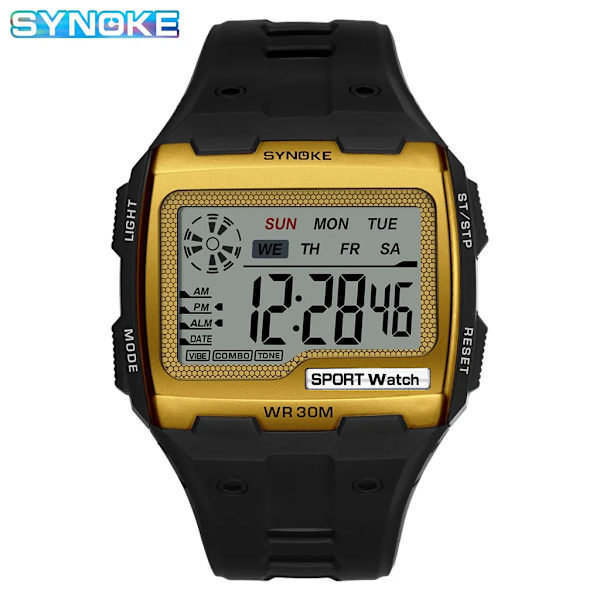 SYNOKE Digital watch för män Stora siffror Lätt att läsa 3ATM Vattentät män Digital watch Utomhussport Lysande funktion gold