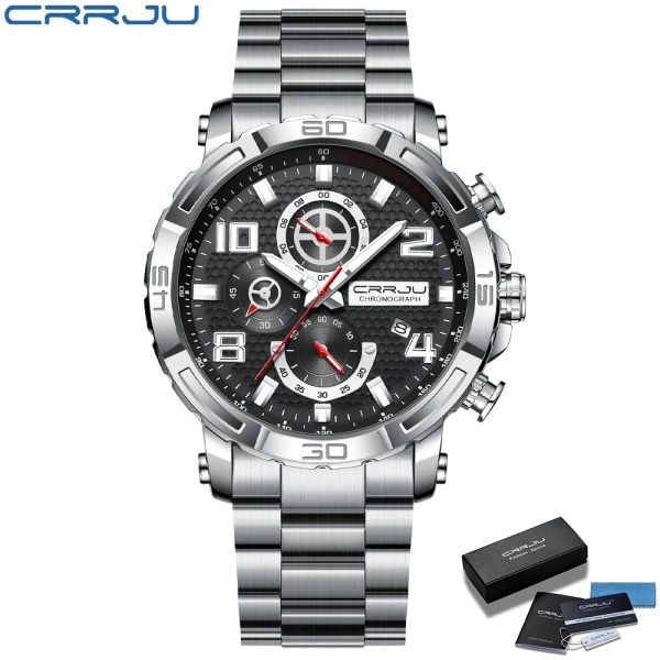 CRRJU Herrklockor Big Dial Vattentätt rostfritt stål med lysande händerDate Sport Chronograph Klockor Relogio Masculino Silver black box