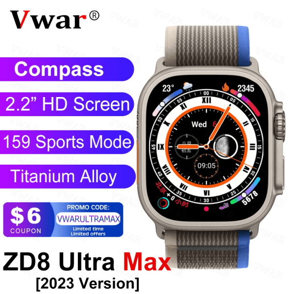 VWAR ZD8 Ultra MAX Plus Smart Watch Series 8 Kompass 49mm Titanium Alloy Bluetooth Call NFC ECG IP68 Vattentät Smartwatch Gold